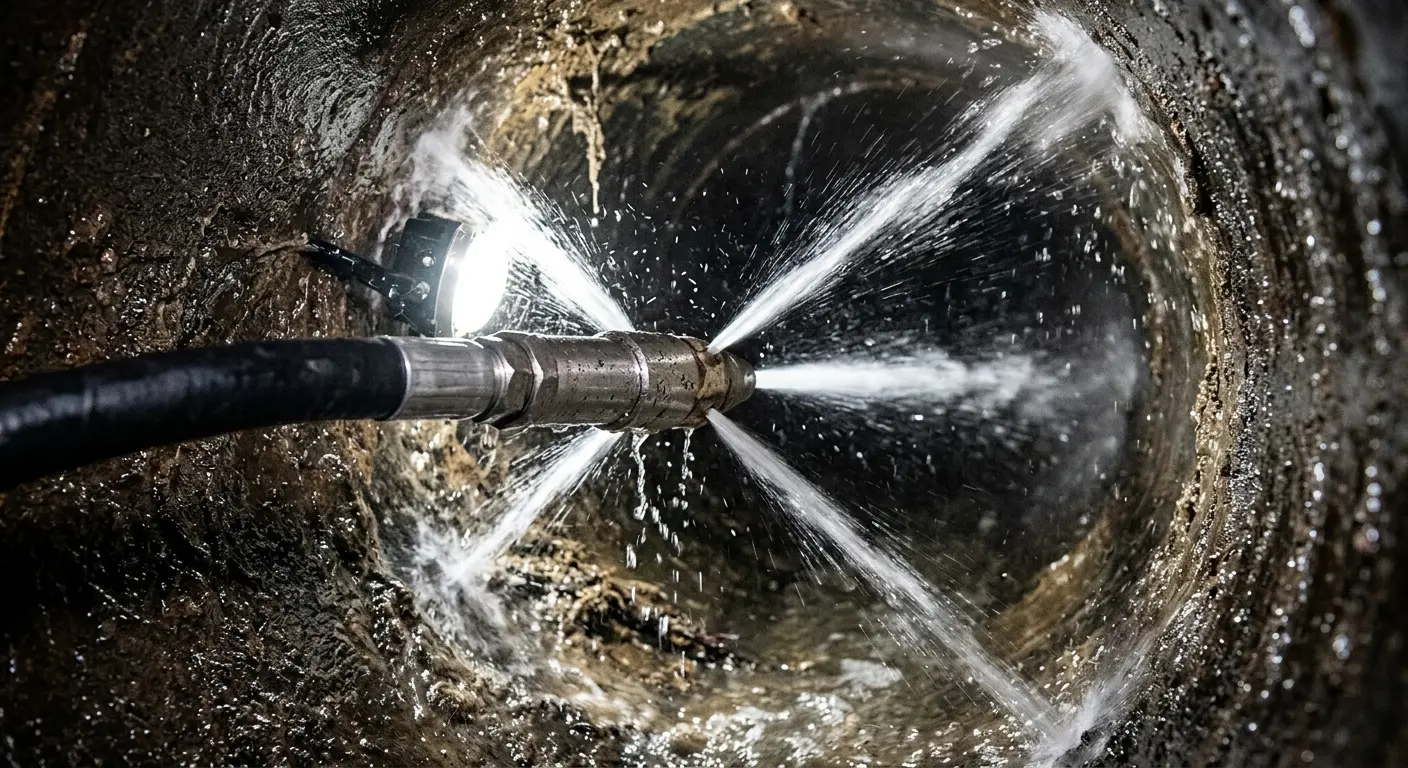 High-pressure hydro jetting nozzle cleaning sewer pipe for Emergency Drain Service in Brandermill