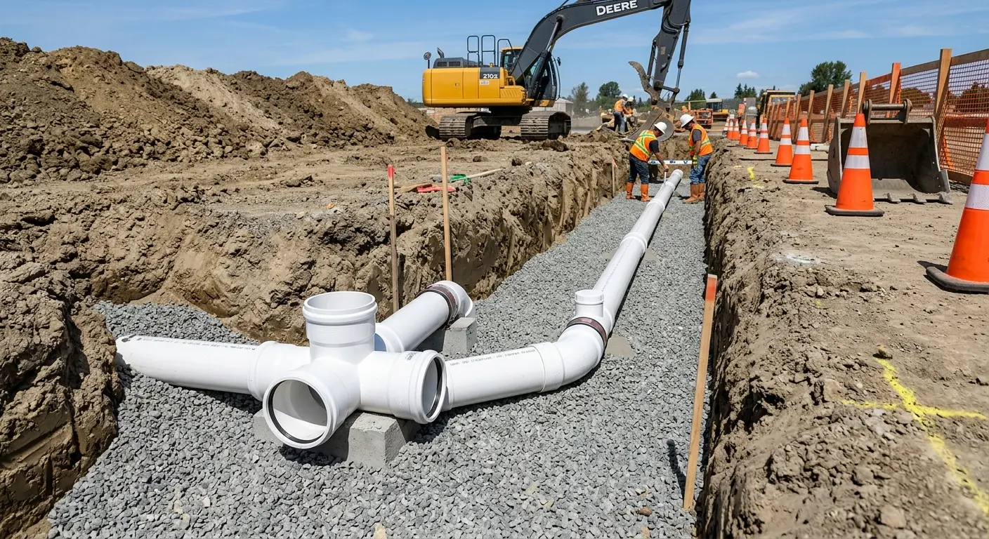 New PVC sewer pipe installation in open trench for Commercial Drain Cleaning in Brandermill