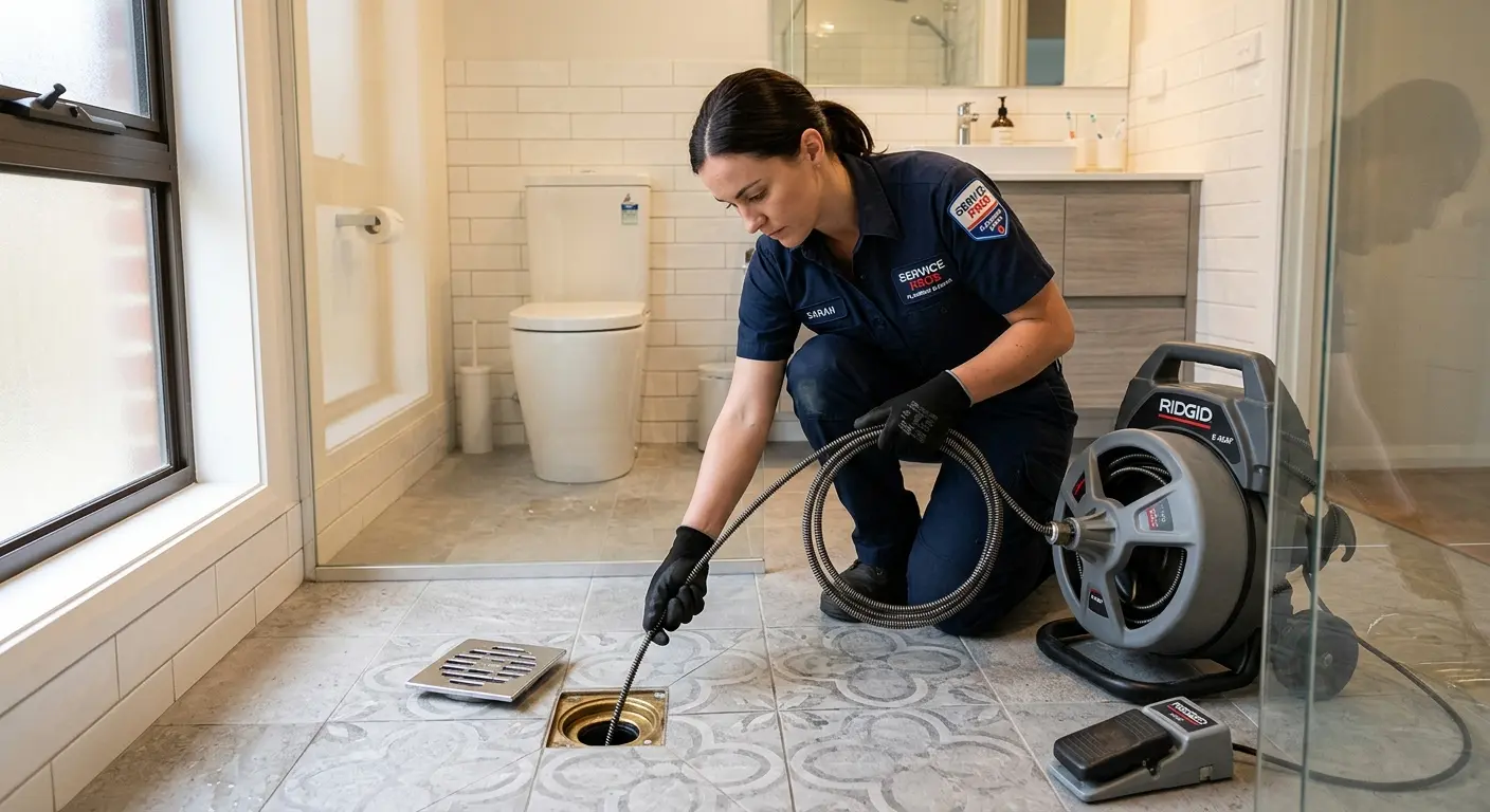 Technician clearing a bathroom floor drain for Sewer Line Replacement in Brandermill